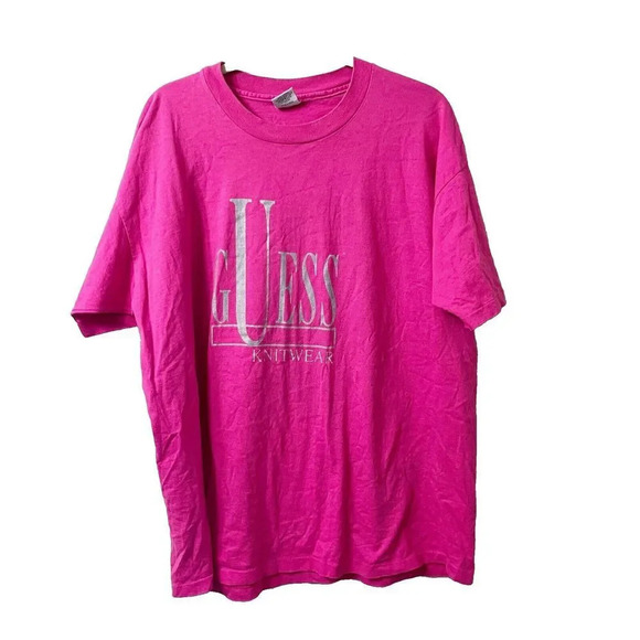 Vtg 80s Guess By George Marciano Pink T Shirt OS Logo Knitwear Single Stitch Tee - Picture 1 of 10